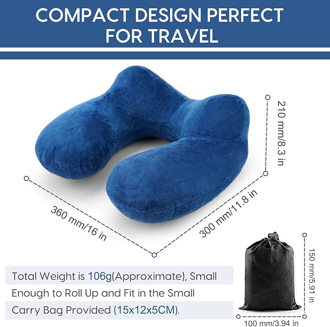 Inflatable Travel Pillow for Airplane Inflatable Neck Pillow for Traveling with Soft Velvet Washable Cover for Sleeping, Airplane,Train, Car, Office, Contoured Eye Masks, Earplugs - Image 6