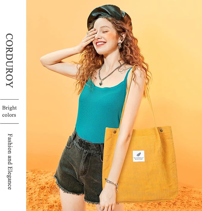 LHMTQVK Corduroy Tote Bags for Women, Large Capacity Tote Purse Reusable Grocery Shoulder Bag with Inner Pockets - Image 6