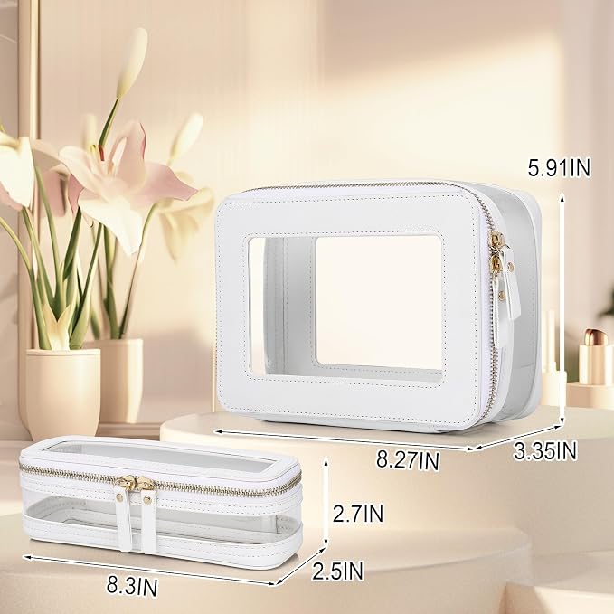 Pinkmik Clear Makeup Bag with Brush Case Travel Toiletry Bag Waterproof Cosmetic Organizer Car Essentials for Women (White,M+SLIM-1) - Image 4