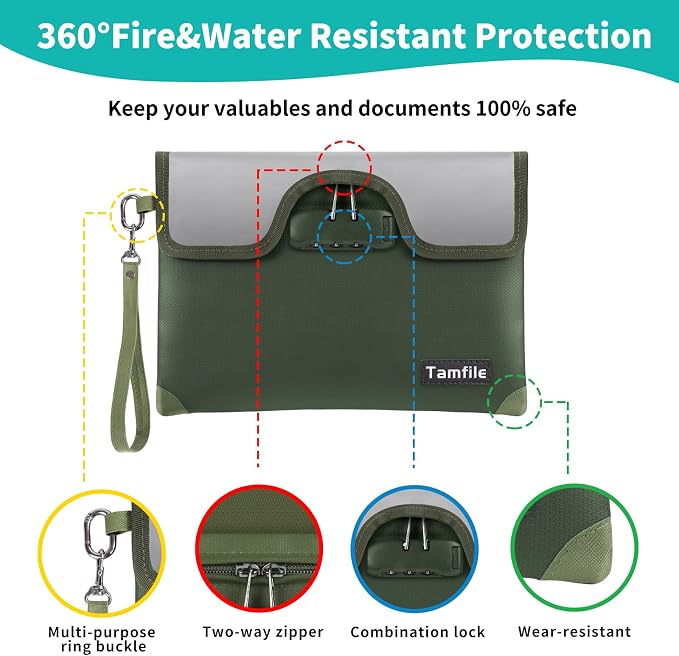 5200°F Fireproof Money Bag with Lock, Water Fireproof Document Bag with Zipper, 8 Layers Fire Insulation, Small Fireproof Safe Storage Pouch with Lock for Cash, Passport, (8.3" x 11", Green) - Image 6