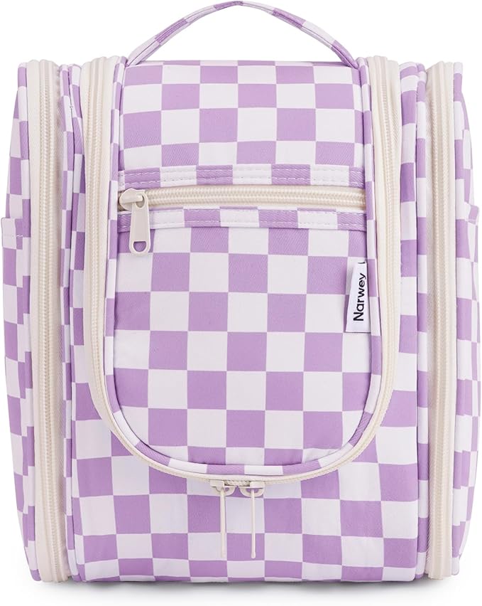Narwey Small Checkered Hanging Travel Toiletry Bag for Women, Travel Bag for Toiletries, Makeup Bag Organizer Cosmetic Bags Make Up Bags for Women (Purple Checkerboard) by Narwey