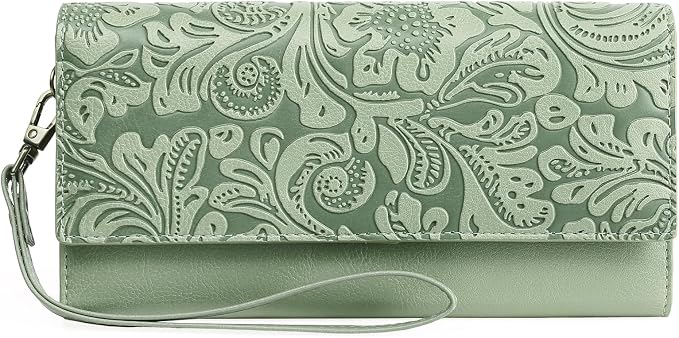 GOIACII Wristlet Wallets for Women RFID Blocking Western Clutch Green | Embossed Leather, Vintage Design, Trifold, Large Billfolds, Ladies Purses with Zipper Coin Pocket by GOIACII