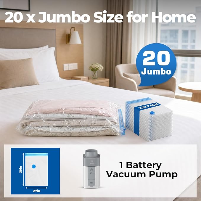 ETENWOLF 20 Jumbo Vacuum Storage Bags for Travel with Wireless Pump | Vacuum Seal Bags for Clothing Travel, Compression Packing Bags for Clothes and Blankets, Space Saver Bags in Carry-On Sizes - Image 2