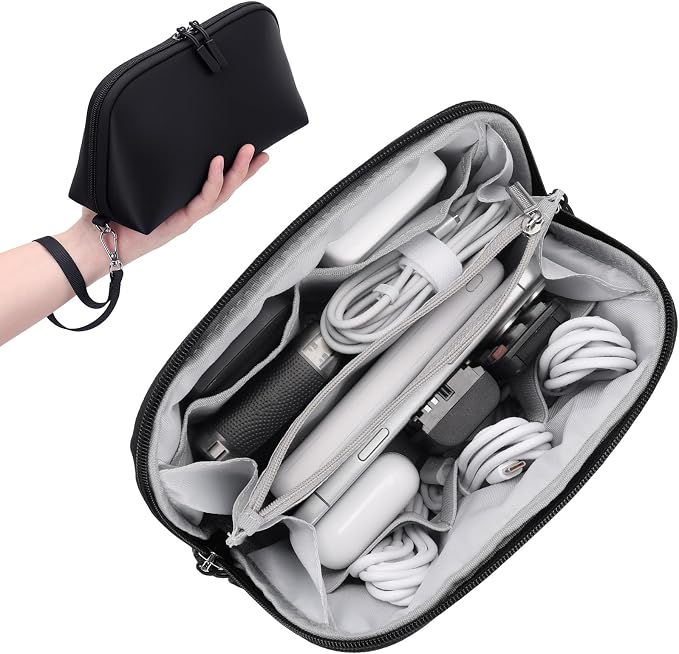 FYY Travel Cable Organizer - 8 Compartments, Lightweight, Water Repellent | With Wrist Strap, Portable Tech Pouch for Cord Charger, Travel and Business Trips Use, Soft Shell Nylon, Black (Medium) by FYY