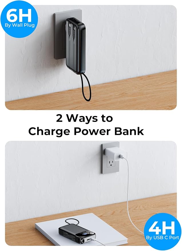 Portable Charger 50000mAh, Power Bank with Built-in Cables & Wall Plug | Fast-Charging, Ultra-High-Capacity Battery Pack for Travel Essential, for iPhone, Samsung, Google Pixel, and iPad-Black - Image 7