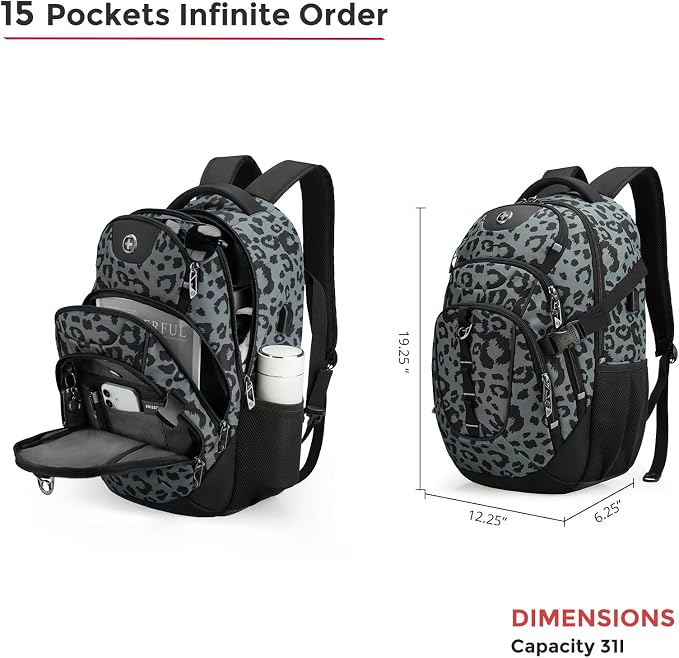 Swissdigital Laptop Backpack, Gray Leopard | USB Charging Port, Travel Backpack, 31l Capacity, For Men - Image 4