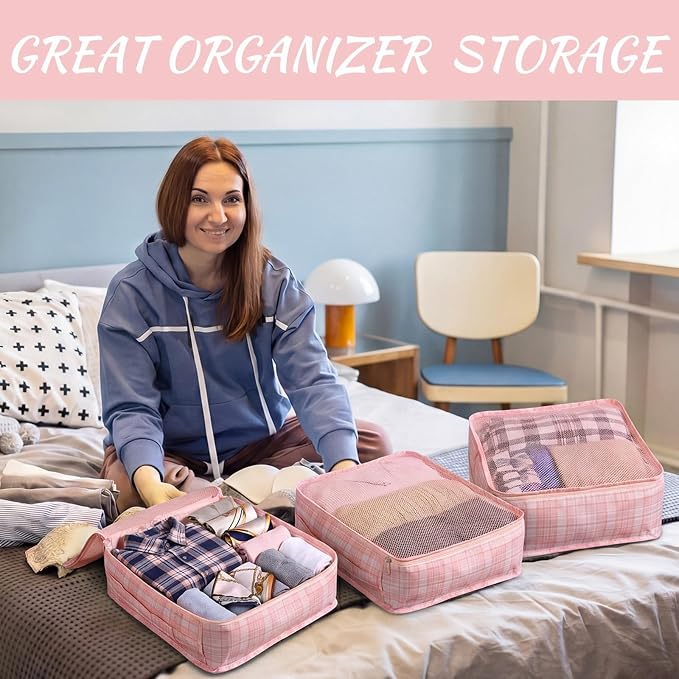 Silkfly 8 Pcs XL Packing Cube for Travel Luggage,Plaid,Pink | 17.7 x 13 x 4.7, Same Size, Pink Plaid Suitcase Storage Organizer Set, Reusable Mesh Clothes Cube for Hiking Camp Family - Image 6