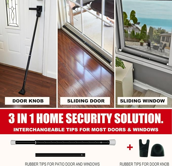 SECURITYMAN 3-in-1 Door Security Bar, Security Door Stoppers & Door Barricade – Heavy Duty Adjustable Iron Security Lock Bar for Home Defense, Apartment & Travel Safety (1 Pack - Black) - Image 2