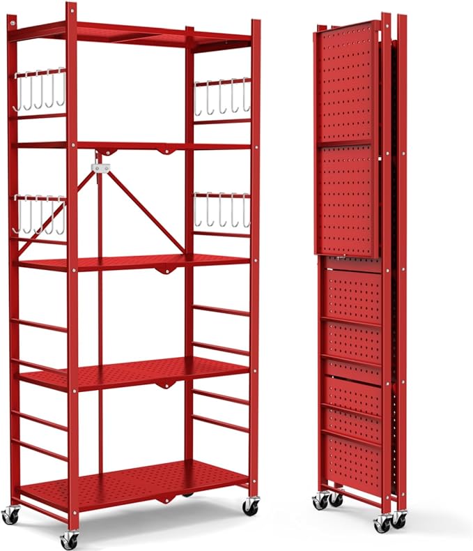 Himix 5-Tier Foldable Storage Shelf 20 Hooks Wheels Garage Red No Assembly | Folding shelving units, Metal collapsible organization, Wire shelves rack, Bookshelf, Christmas Room, Holds 440 Ibs shelf by Himix