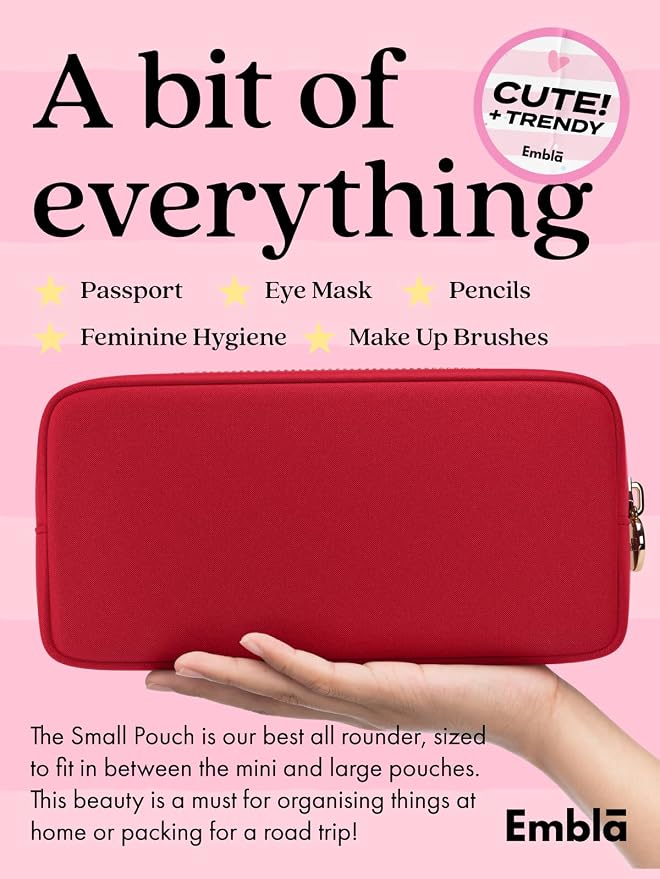 Embla Makeup Bag Travel Cosmetics Pouch and Toiletry Bag, Nylon Zipper Pouch Purse, Cute Make Up Organizer Storage Tote for Women Girls, Waterproof Travel Skincare Case, Small Makeup Bags, Ruby Red - Image 3