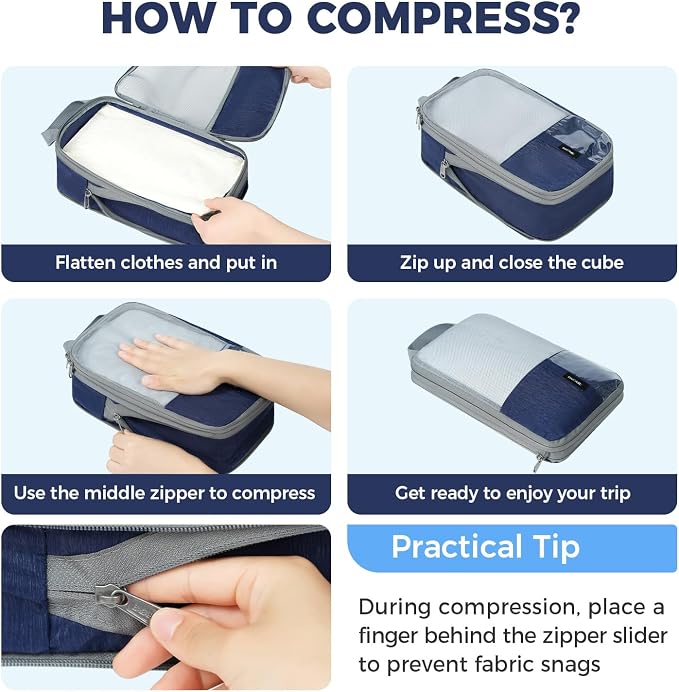 BAGAIL Lightweight Compression Packing Cubes for Travel, 6 Set, Navy | Salis Nylon Fabric,Anti-Tearing,Save Space,SBS Zippers,Packing List,PVC Tag Pocket,Custom Labels,Visible Mesh,Portable Handel - Image 6