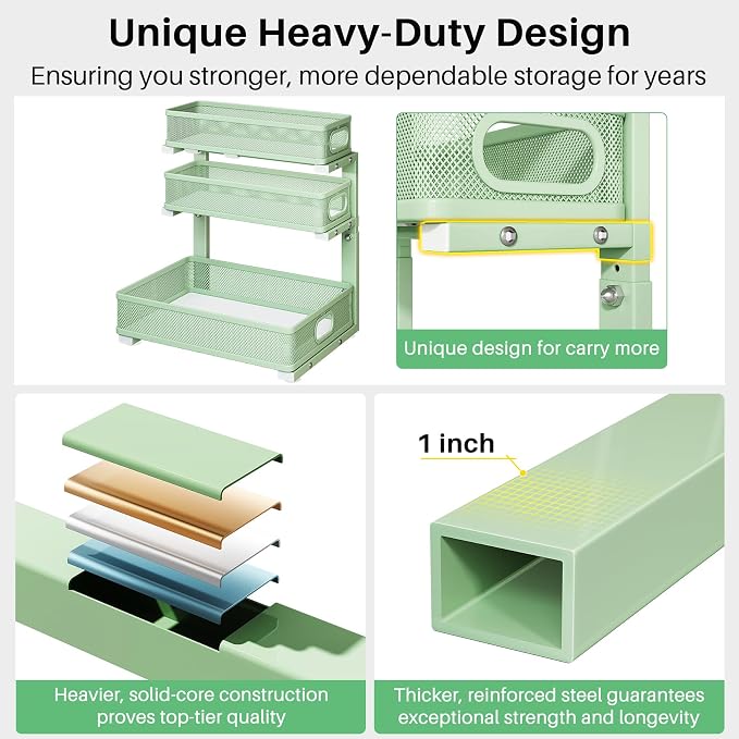 Kitstorack Under Sink Organizer, 1-Pack 3-Tier Height Adjustable Thickened Metal Pull out Cabinet Organizer Shelf, Slide out Storage Drawer Rack for Bathroom Kitchen Pantry Home Organization, Green - Image 6