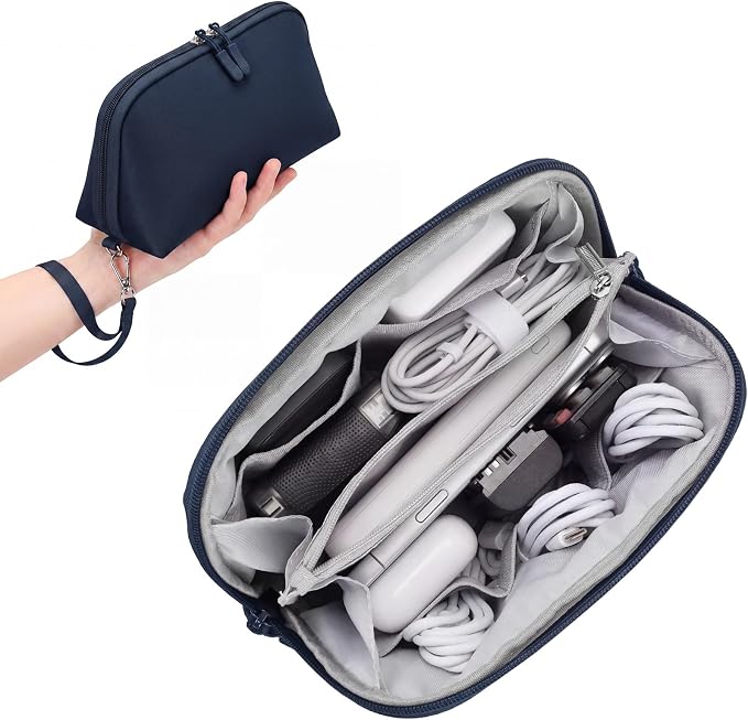 FYY Travel Cable Organizer - 8 Compartments, Lightweight, Water Repellent | With Wrist Strap, Portable Tech Pouch for Cord Charger, Travel and Business Trips Use, Soft Shell Nylon, Navy (Medium) by FYY