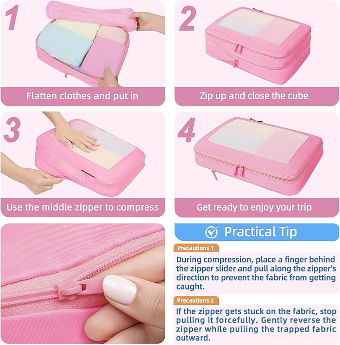 BAGAIL 4 Set/6 Set/8 Set Compression Packing Cubes Travel Accessories Expandable Packing Organizers (Square Mesh, 06-Pink) - Image 4