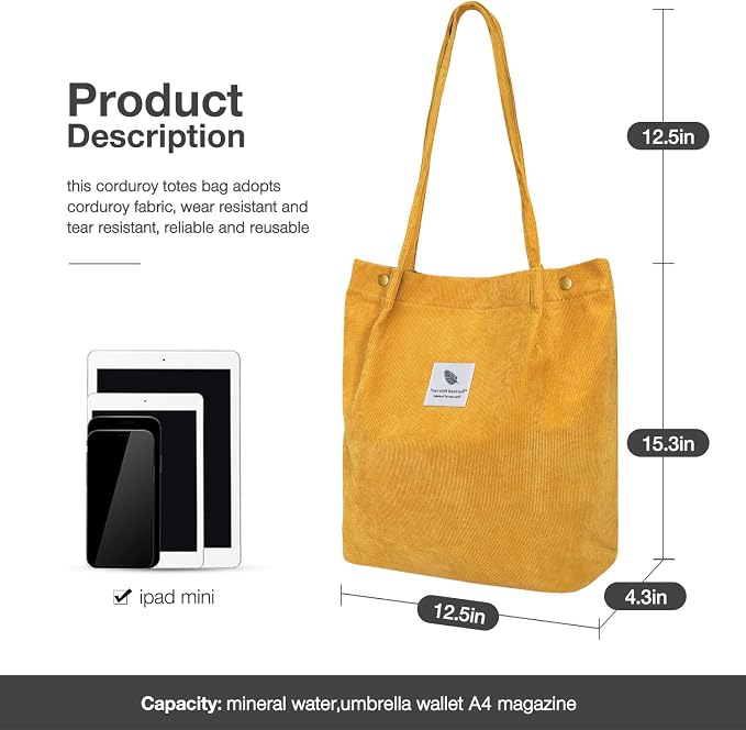 LHMTQVK Corduroy Tote Bags for Women, Large Capacity Tote Purse Reusable Grocery Shoulder Bag with Inner Pockets - Image 3