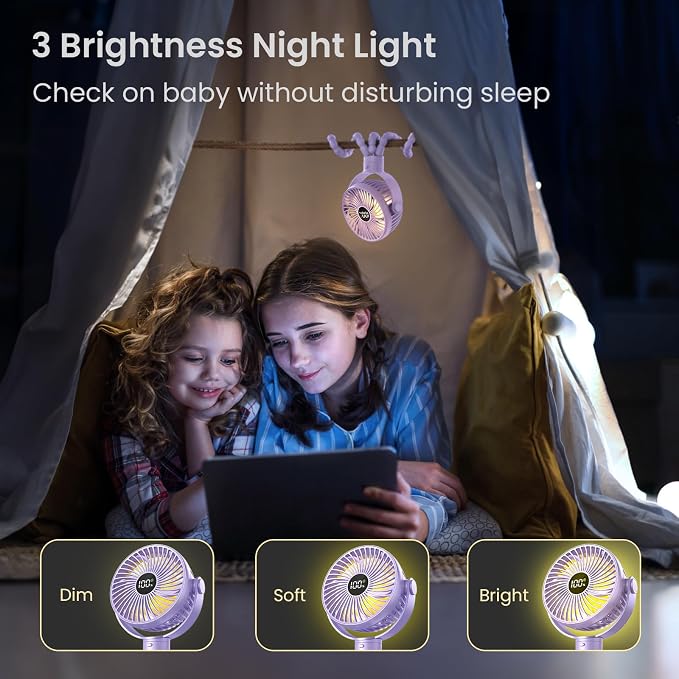 Coohea Portable Stroller Fan, 25H Long-lasting, 4 Speed, Night Light,Purple | 4000mAh Rechargeable Battery Powered Fan, Head Detachable 360° Rotate Mini Fan, Easy to Wrap for Car Seat Crib Bike Treadmill - Image 5