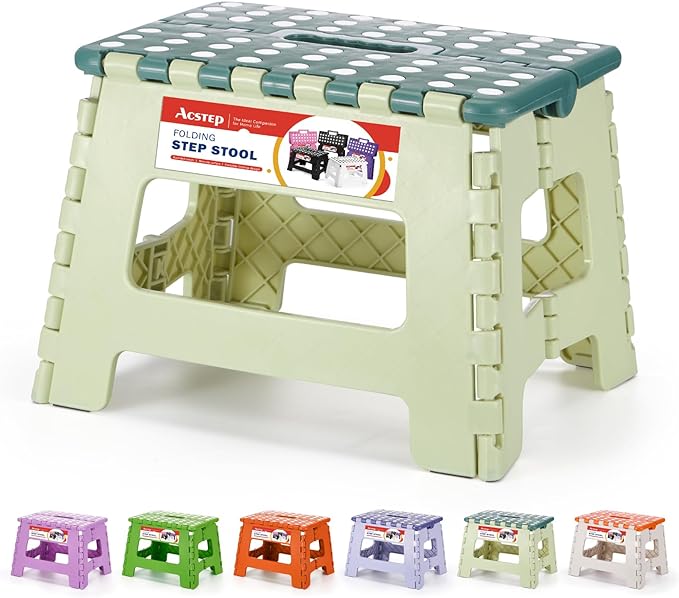 Folding Step Stool 9 Inch for Kids, 300 lbs, Bicolor Green | Lightweight Plastic Small Foldable Step Stool with Handle, Non-Slip, for Kitchen, Bathroom, Bedroom and Closet by ACSTEP