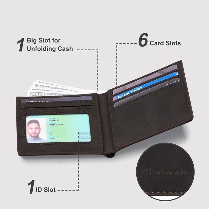 Chelmon Genuine Leather Slim Wallet for Men ID Window with RFID Blocking Front Pocket Bifold Minimalist Mens Bussiness Card Holder Gift for Men, Craze Horse Coffee - Image 2
