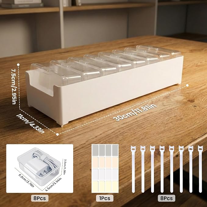 8 Individual Cable Organizer Boxes With Base, Cord Storage Organizer With Labels And Cable Straps For Charging Cables, Adapters, Earphones (8 pcs Individual Cable, 2 Pack) - Image 2