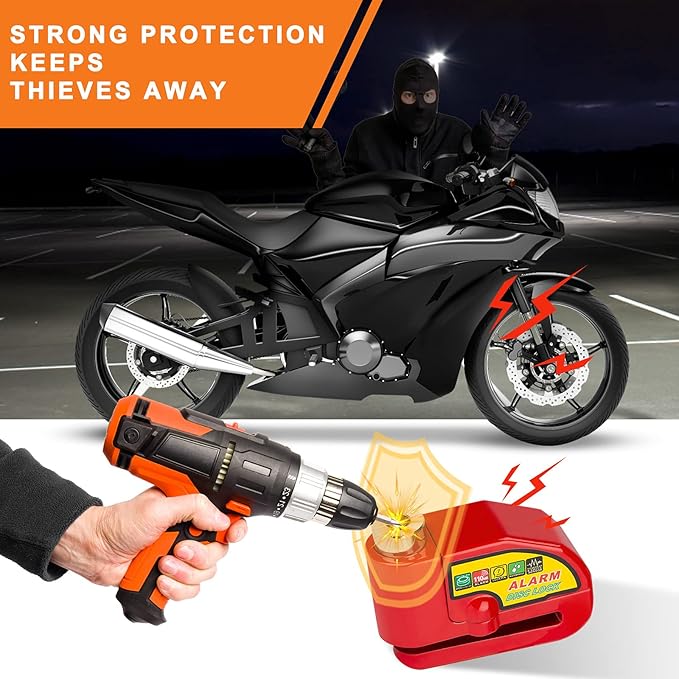Motorcycle Alarm Disc Brake Lock, Motorcycle Locks Anti Theft Security Wheel Disc Lock Waterproof 110dB Alarm Sound with 5ft Reminder Cable Keys and Carry Pouch for Motorbike Bike Scooter - Image 2