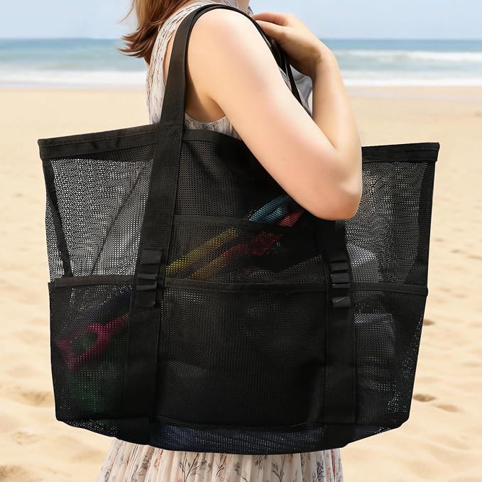 Large Mesh Beach Tote Bag, 9-Pocket Foldable Summer Vacation Beach Bag for Travel, Pool, Gym, Cruise - Image 2