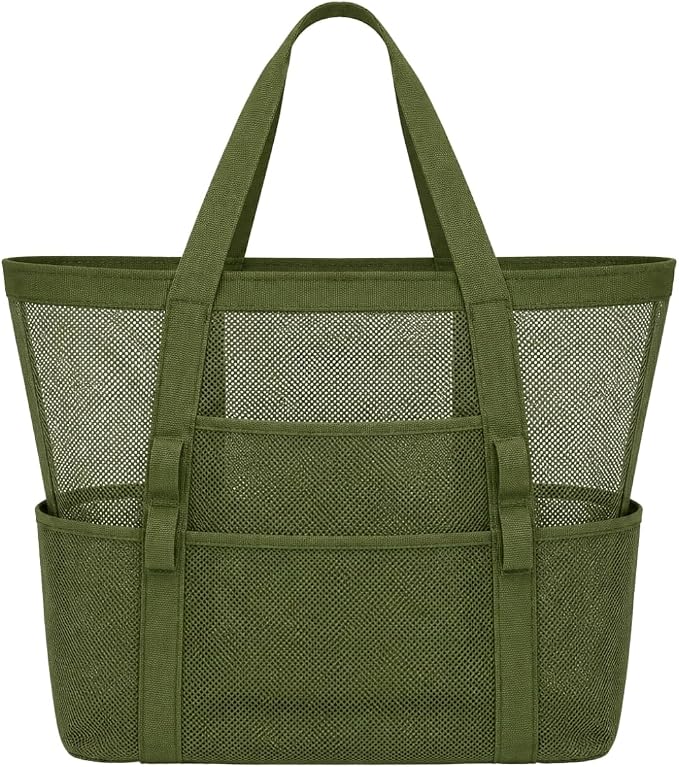 Mesh Beach Tote Bag Large Capacity Pool Gym Laundry Tote Foldable with Pockets Lightweight Travel Bag by HEROWORLD