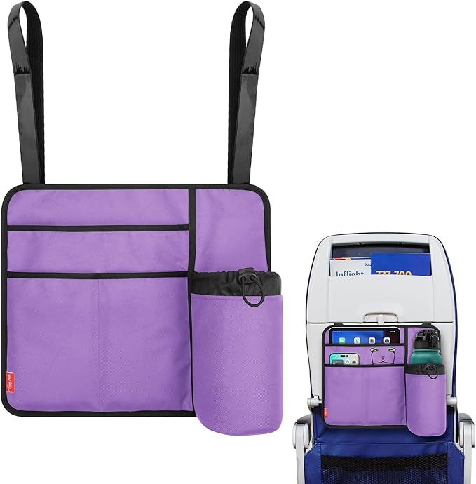 Airplane Seat Back Organizer & Storage, Airplane Tray Table Cover for Personal Items, Airline Seat Hanging Pockets Media Pouch,Reusable Travel Essentials,Fits Tablets,Cell Phone,Water Bottle (Purple) by Homakover