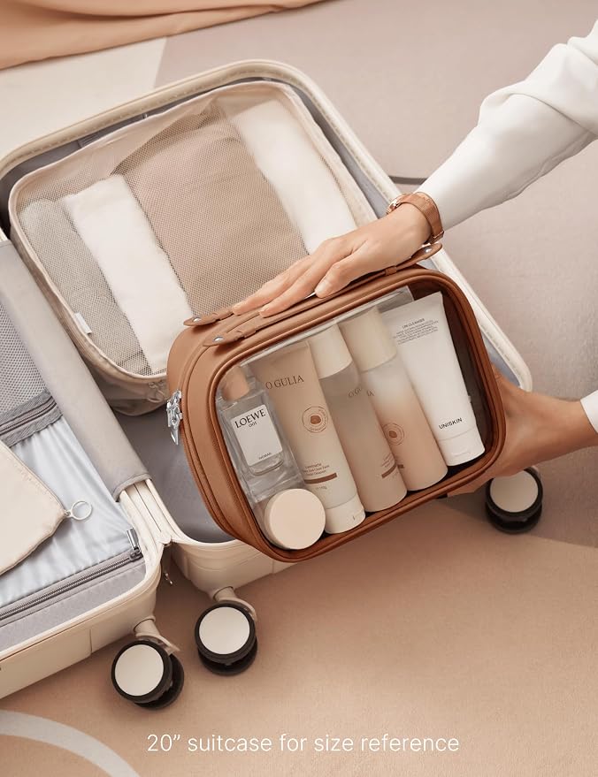 Clear Cosmetic Bag Double Layer Travel Toiletry Bag Clear Makeup Bag Case with 4 Compartments, Transparent Travel Bag for Toiletries, Large Toiletry Bag for Women Cosmetic Case (Brown, Large) - Image 8