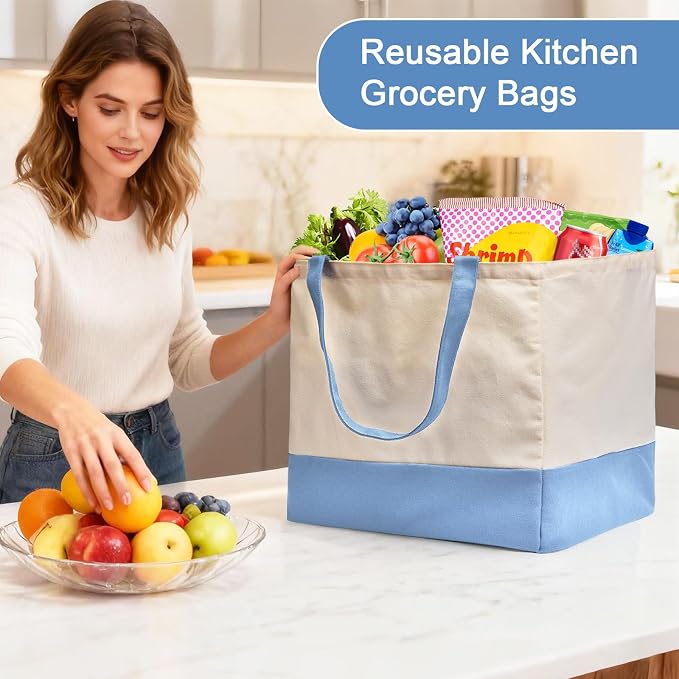 Reusable Grocery Bags Heavy Duty, 8.3 gal Foldable Large Canvas Tote Bag with Handles, Holds 60 lbs Canvas Shopping Bags, 1 Pack（Off White+Light Blue） - Image 7