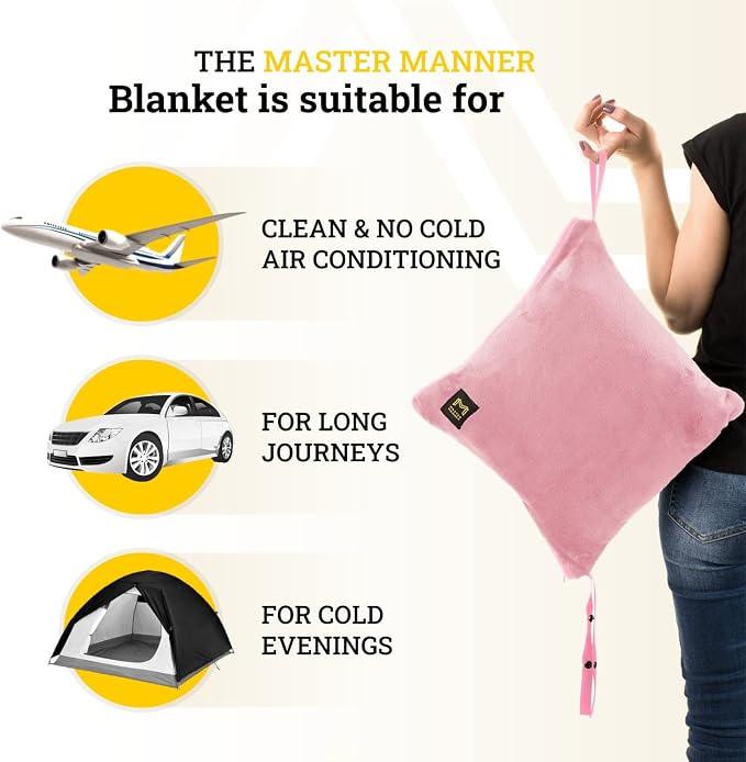 Travel Blanket Airplane Compact with Hoodie – 2in1 Airplane Travel Accessories from Plane Blanket to Travel Pillow with Luggage Strap, Soft Handle & Secure Pocket (Light Pink, 62x41'') | 300 GSM fleece airplane blanket; attached hoodie doubles as its s... - Image 7