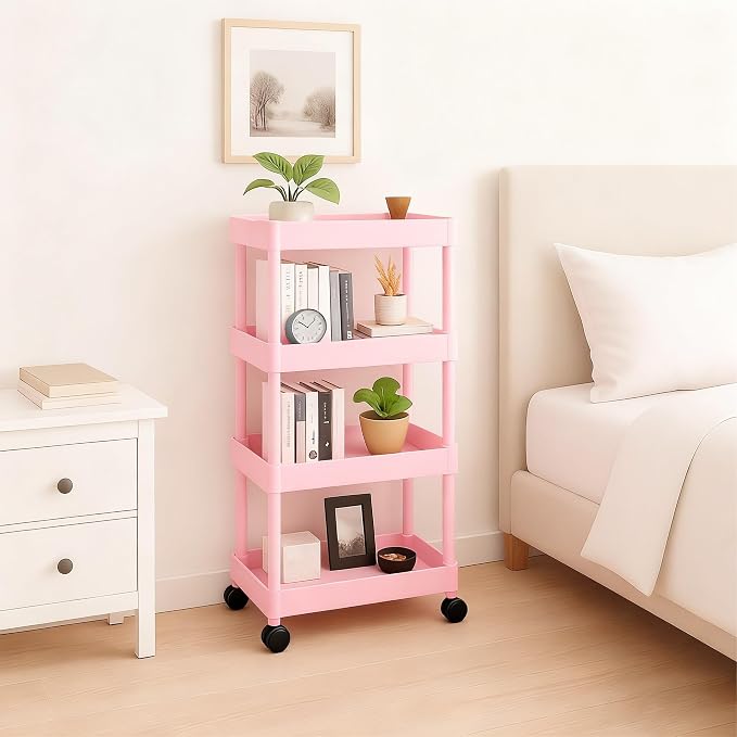 ShellKingdom 4 Tier Bathroom Storage Organizer, Slim Rolling Storage Cart for Narrow Space, Mobile Shelving Unit with Lockable Wheels and Hooks for Bathroom, Kitchen, Laundry Movable Shelf (Pink) - Image 3