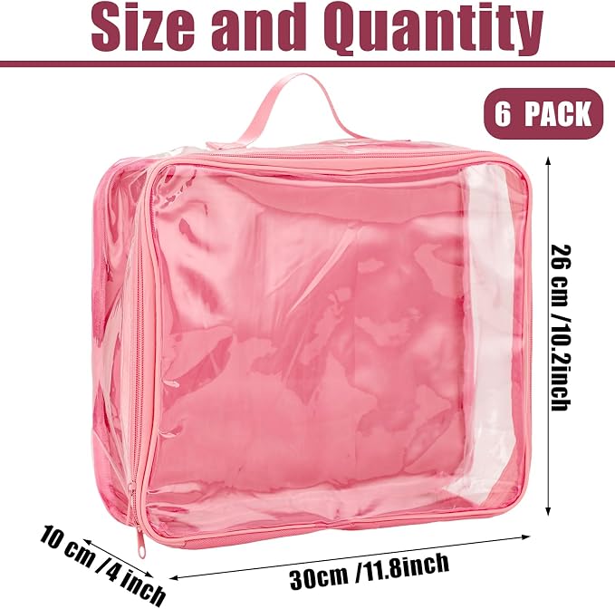 6 Pieces Large Clear Travel Packing Cube Clear Vinyl Zippered Storage Bags See Through Moving Bag PVC Multipurpose Pouch with Handle for Suitcase Shirts Dress Storage (Pink,11.8 x 10.2 x 3.9 Inch) - Image 2
