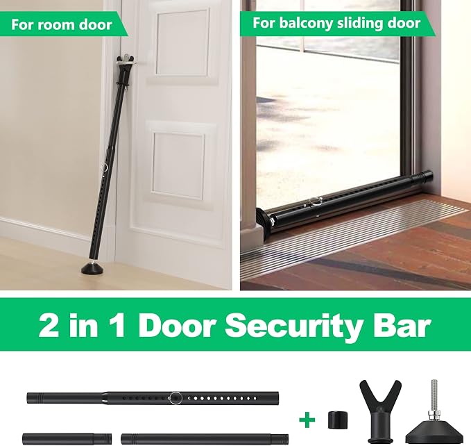 Door Stoppers Security Bar & Sliding Glass Door Lock Keep Your Home Security, Adjustable Jammer with Interchangeable Caps & Rubber Tips, Ideal for Apartment, Home and Travel Protection,Black(2Pack) - Image 3