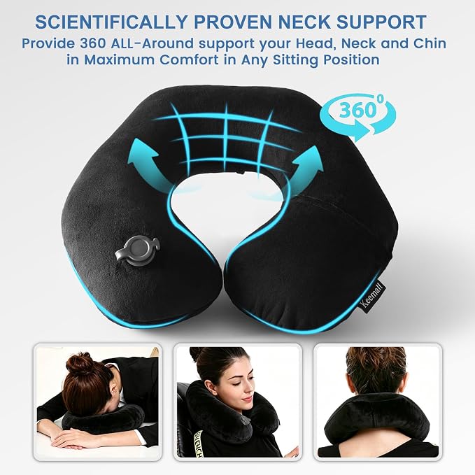 Keemall Inflatable Travel Neck & Shoulder Pillow for Airplanes & Long Trips | Ergonomic Portable Cushion Relieves Neck Pain, Quick Inflation & Deflation,for Long Flights & Business Travel, Premium Black - Image 4