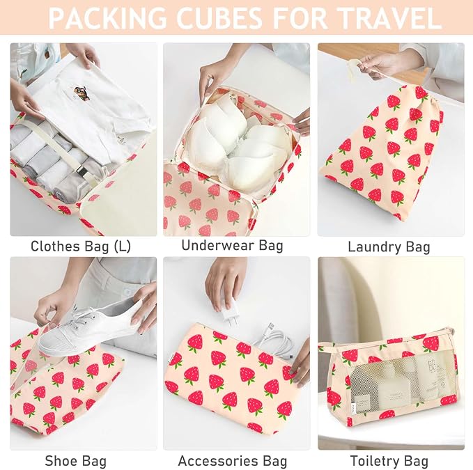 KPX 8 Set Packing Cubes for Travel, Luggage Packing Organizers Accessories Large Toiletries Bag for Clothes Shoes Cosmetics (Strawberry) - Image 4