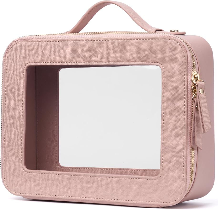 Clear Makeup Case Set Pink Toiletry Bag Travel Large Clear Cosmetic Bag with Zipper, Big Make Up Bag Organizer Women Traveling TSA Approved Transparent Bag Car for Essentials | Structured Mahjong Tile Bag with Zipper and Handle, Big Long-trip Cosmetic ... by POPVIBE