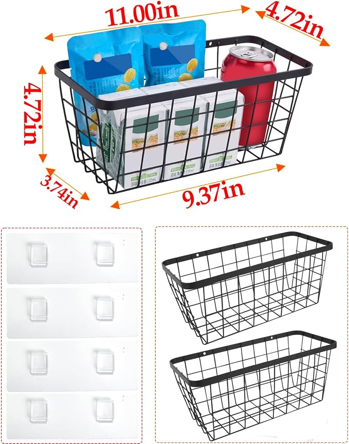 2 Pack Hanging Wall Basket Organizer Over the Cabinet Door Wire Baskets for Organizing -Space-Saving Hanging Baskets for Organizing Wall Mount Storage,No Drilling Adhesive Wall Storage Basket, Black - Image 2