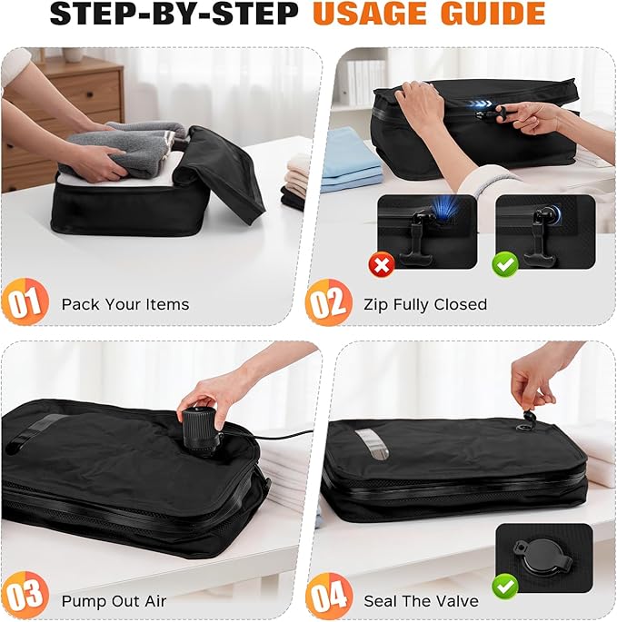 Vacuum Bags for Travel with Wired Pump, Travel Compression Bags for Clothes, 180° Open Zipper, Save 80% Space, IP68 Waterproof Travelpack Vacuum Kit for Luggage, Suitcase, Home Storage (2 Pack + Pump) - Image 5
