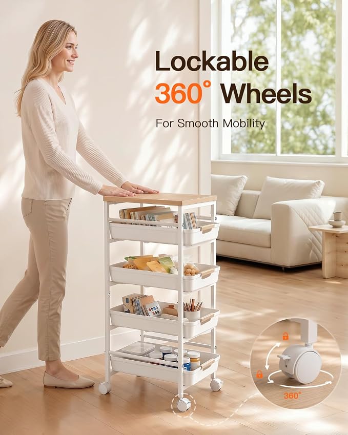 Pipishell Rolling Storage Cart with Drawers & Lockable Wheels, White | 5 Tier Kitchen Cart with Safety Stops & Vented Design, Wood Top, Pull-Out Utility Cart for Kitchen, Home Office, Bedside - Image 5