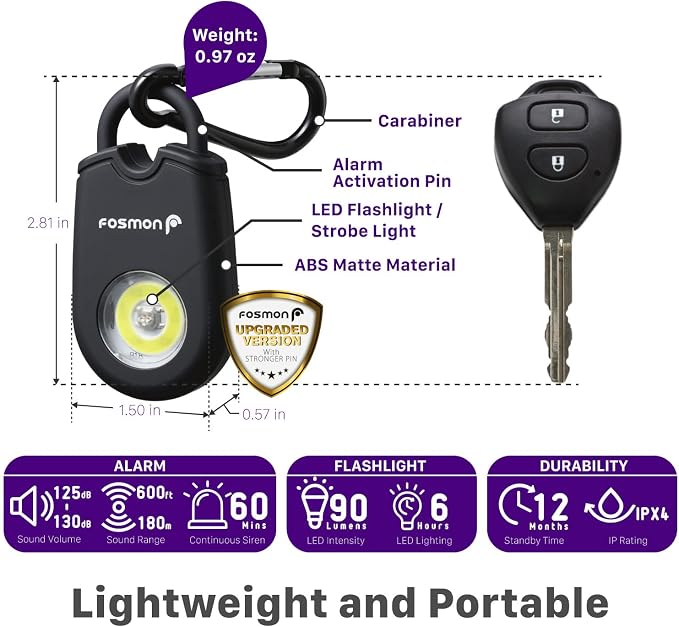 Fosmon Personal Alarm, Self Defense Keychain Security Siren, 1 Pack | 125dB Safety Siren, Strobe Light LED Flashlight, Carabiner Clip, SOS Emergency Alert for Women Kids Teenagers Elderly - Image 2