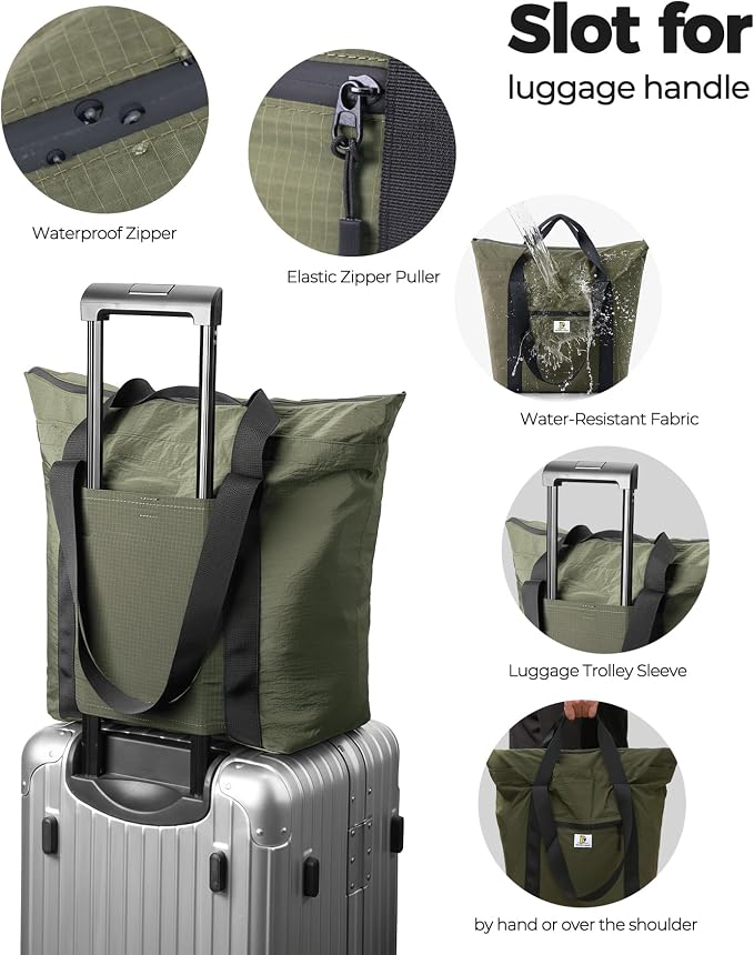 Foldable Travel Bag, 26L Duffle Bag for Travel, Expandable Second Carry-On Bag for Travel & Shopping, Water-Resistant Personal Item Bag, Olive Green - Image 7
