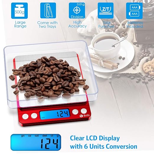 AMIR Upgraded Digital Kitchen Scale, 500g Mini Pocket Jewelry Scale, Cooking Food Scale with Back-Lit LCD Display, 2 Trays, 6 Units, Auto Off, Tare, Stainless Steel (Batteries Included) - Image 5