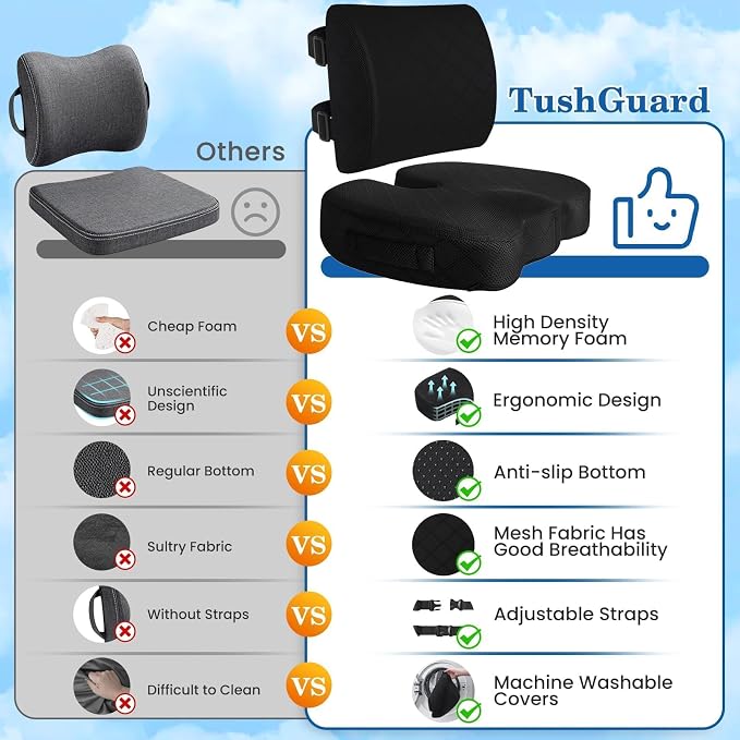 Back&Seat Cushion,Chair Cushions,Lumbar Back Support Pillow,Black/X-Large | Breathable Memory Foam Back Support Pillow, Portable Airplane Seat Cushion for Travel, Computer Desk, Wheelchair, Driving - Image 4