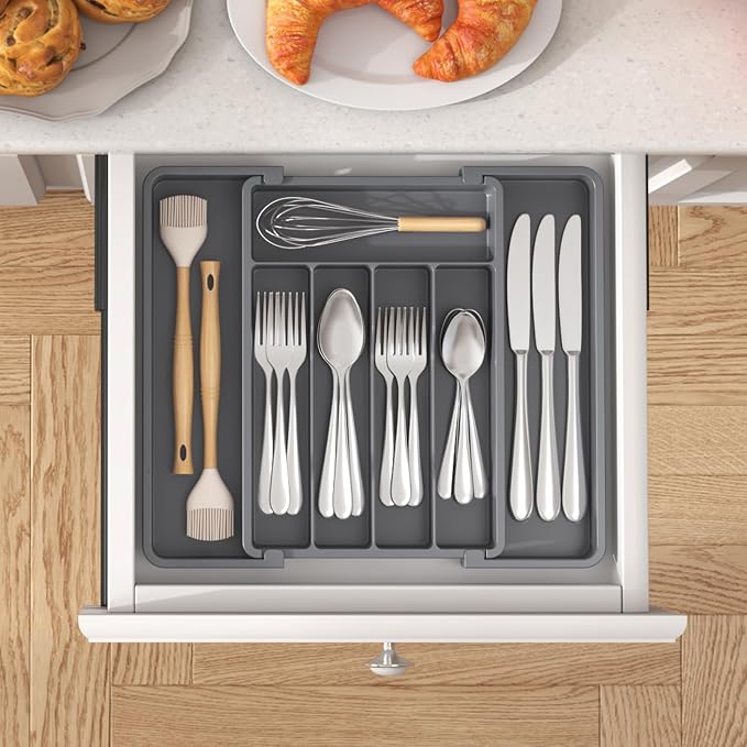 Lifewit Expandable Silverware Drawer Organizer, Kitchen Utensil Tray | BPA-free Plastic Flatware Cutlery Holder, Space-Saving Storage for Spoons Forks Knives, 8.5-14 x 12 x 1.5“, Dark Gray - Image 8