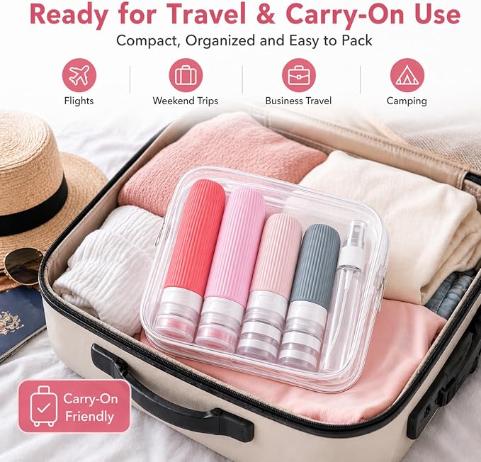 16 Pack Travel Bottles Set - TSA Approved Containers for Toiletries, Leak Proof Silicone Travel Size Containers with Jars, Spray Bottles & Clear Bag for Shampoo, Lotion - Image 3