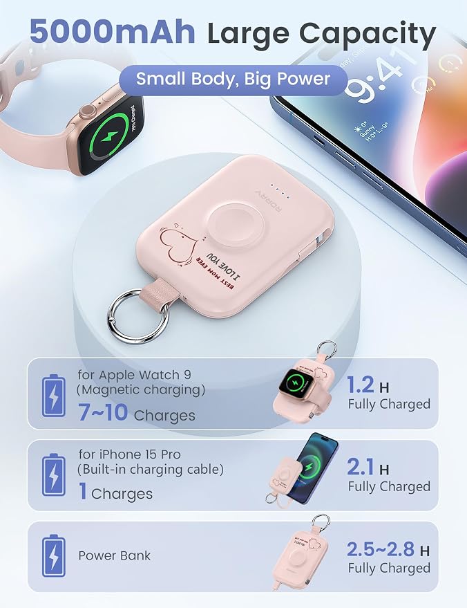 RORRY CharmGo Portable Charger, 5000mAh Portable Charger Power Bank | Built-in Cables,Travel Keychain Battery Pack Essentions for Apple Watch 1~11 Series/Ultra/SE & iPhone Air/17/16/15/14/13/12 - Image 3