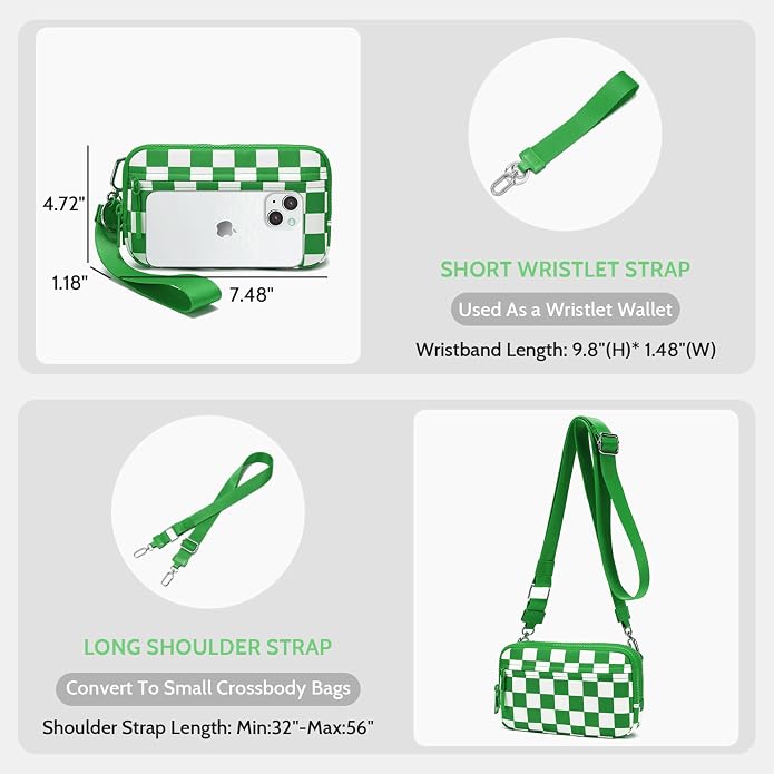 FODOKO Wristlet wallets for Women RFID crossbody bags with 4 Zippers | Checkered quilted nylon with credit card slots, cell phone organizer, and coin purse for travel and everyday carry - Image 5