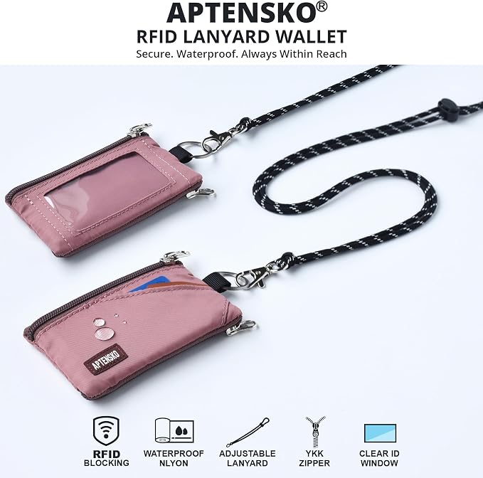 RFID Blocking Travel Wallet with Adjustable Lanyard, Small Nylon Zipper Pouch and Badge Holder for ID, Credit Cards, Cash, Keys, Commuters (Warm Mauve) - Image 2