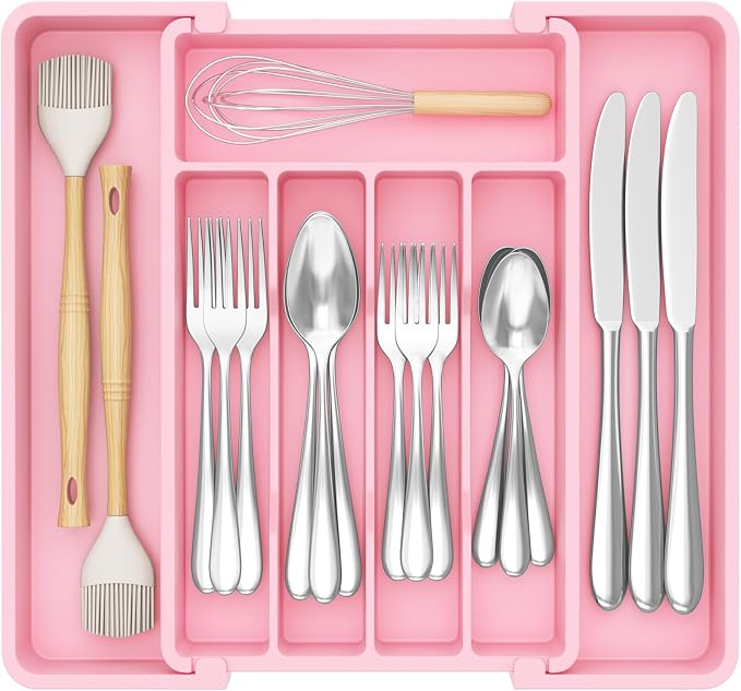 Lifewit Expandable Silverware Drawer Organizer, Kitchen Utensil Tray | BPA-free Plastic Flatware Cutlery Holder, Space-Saving Storage for Spoons Forks Knives, 8.5-14 x 12 x 1.5“, Pink by Lifewit