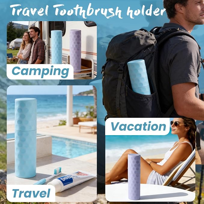 2Pcs Travel Toothbrush Case, Portable Couple Travel Toothbrush Holder with Dot,Toothpaste Container for Home, Travel, Business, Camping, School, 8.1x2.2x1.6 (Purple+Blue) - Image 7